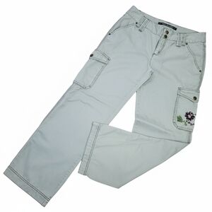 DKNY Size 8 Chino Cargo Pants Grey Cotton Embroidered Flower Pockets Zip Jeans